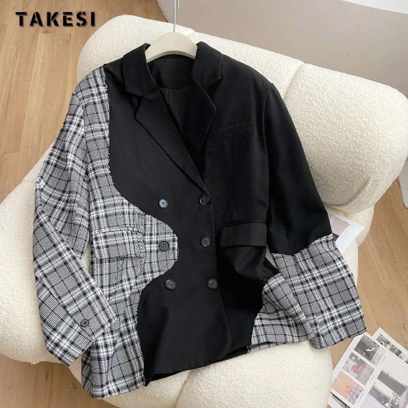 

Women Vintage Office Lady Patchwork Notched Collar Long Sleeve Blazers 2023 Winter Casual Single Button Plaid Tailored Coat