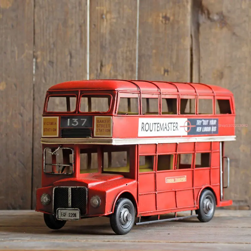 

Vintage Handmade Metal Car British London Double-decker Bus Model Home Decoration Props Ornaments