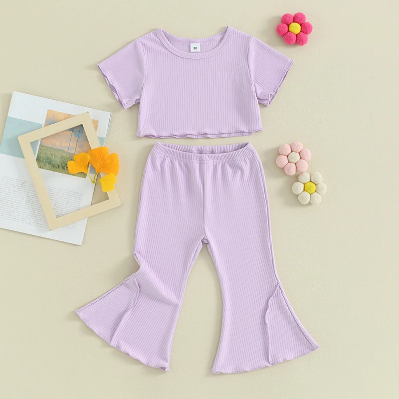

Newborn Baby Girls Spring Clothes Set Ribbed Ruffle Short Sleeve Shirt Solid Color Tops Elastic Waist Bell Bottom Trousers