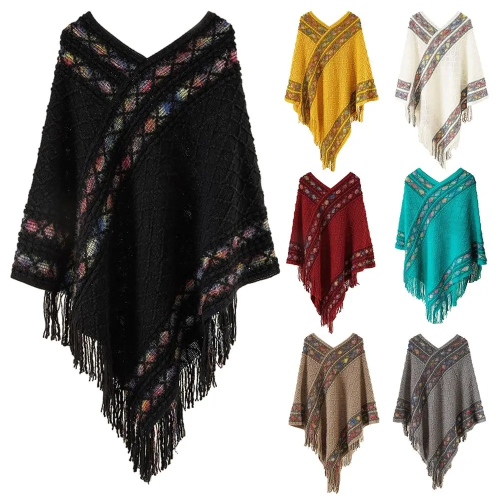 

Ethnic Style Mongolian Poncho Plush Winter Warm Imitation Cashmere Rhombic Stripe Tassel Shawl Knitted Cape Women Fashion