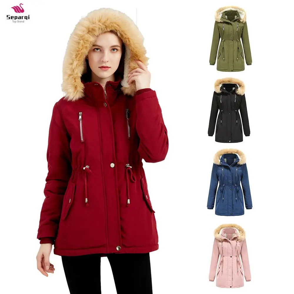 

SEPARQI Shearling Cotton Jacket for Women Loose Fit Cotton Clothing with Detachable Hood and Fur-Lined Coat Parkas