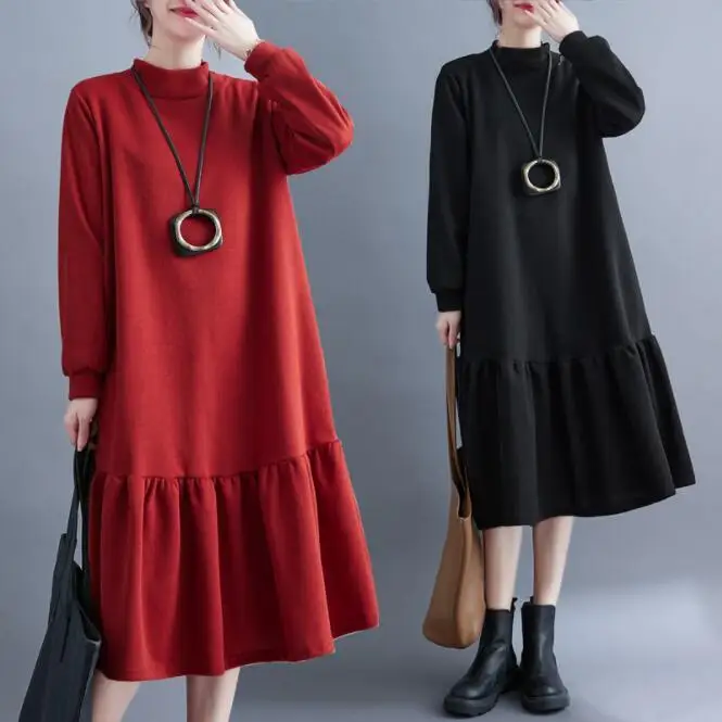 

#3309 черные, серые, красные платья-свитшоты, женские свободные платья средней длины с высоким воротником и оборками, платье-Русалка, женское платье в Корейском стиле на осень и зиму