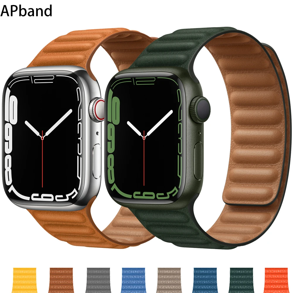 

Ремешок кожаный для Apple watch band 44 мм 40 мм 41 мм 45 мм 42 мм 38 мм, оригинальный браслет с магнитной петлей для iWatch series 3 5 4 SE 6 7