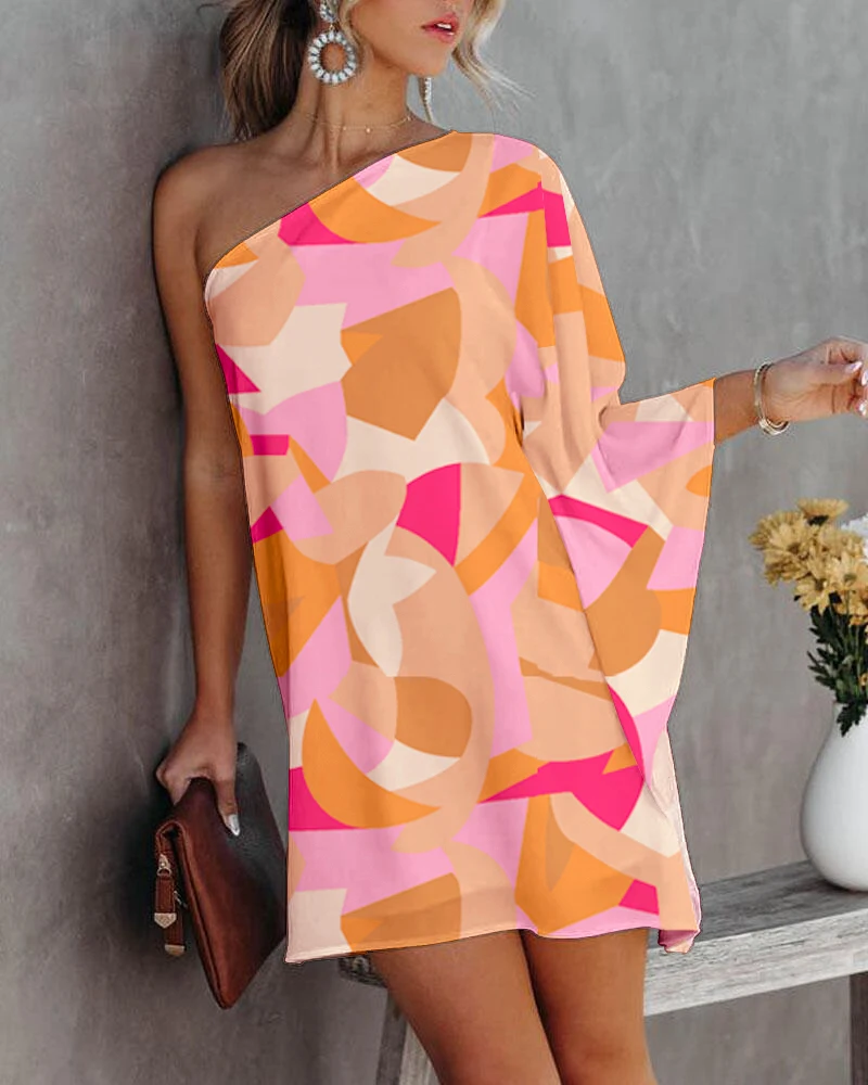 

Fashion Women Allover Print Colorblock One Shoulder Casual Mini Dress Spring Summer Asymmetrical Loungewear Sexy Robes Holiday