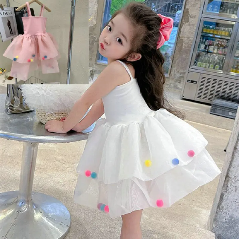 

Summer Baby and Girls Sleeveless 4 layers Gauze Suspender Dresses with Plush Balls Kids Sweet Strappy Skirt Child Outfits 2-8 Yr