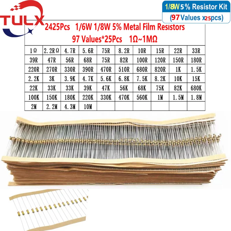 

2425Pcs/Pack 97 Values *25 1/6W 1/8W 5% Metal Film Resistors Kit 1Ohm-680OR-1k-680k-3M High Precision Resistance Set Assortment