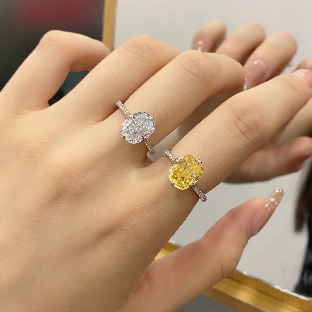 

Karachi French S925 Sterling Silver Ring for Women's Elegant Light Luxury 8A Oval Ice Flower Cut Yellow Diamond High Carbon