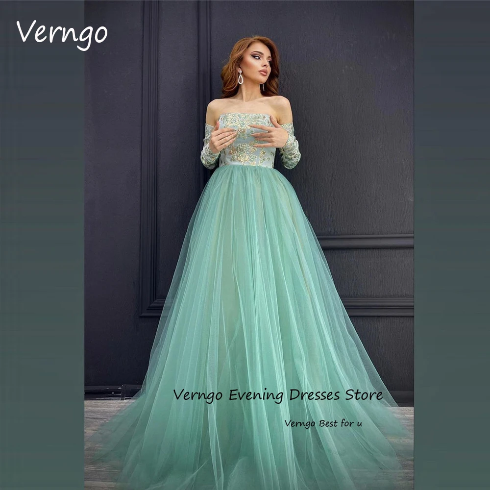 

Verngo Elegant Mint Green Tulle Long Prom Dresses Embriodery Applique Sleeves Dubai Arabic Evening Gowns Formal Occasion Dress