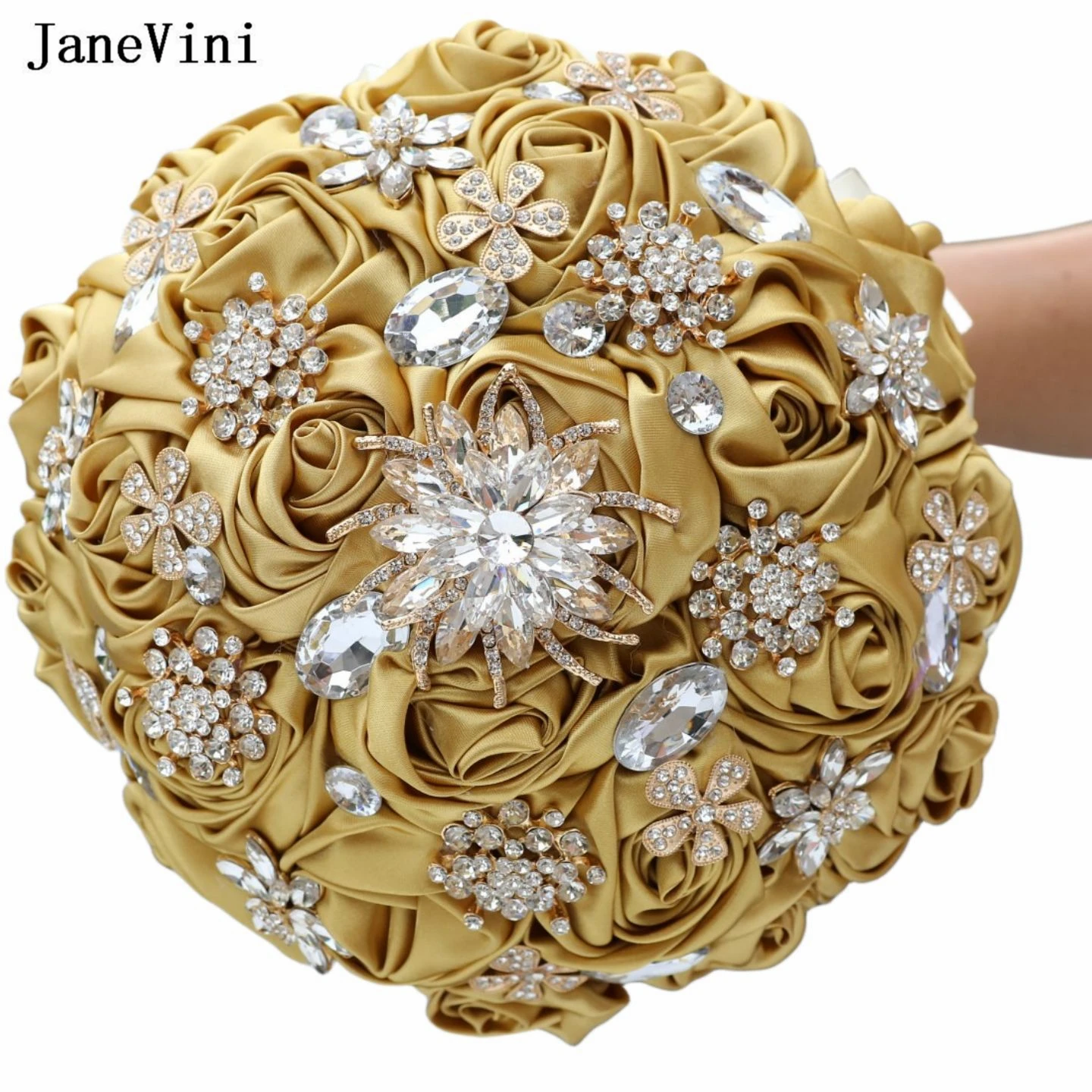 

JaneVini Luxury Light Gold Wedding Bouquets for Bride Bling Crystals Artificial Satin Roses Ribbon Flowers Bridal Brooch Bouquet