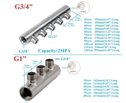 3/4*1/2 Stainless steel Water Distribution Manifold for Underfloor Heating System(2-12 port) One end open one end closed
3/4*1/2 Stainless steel Water Distribution Manifold for Underfloor Heating System(2-12 port) One end open one end closed