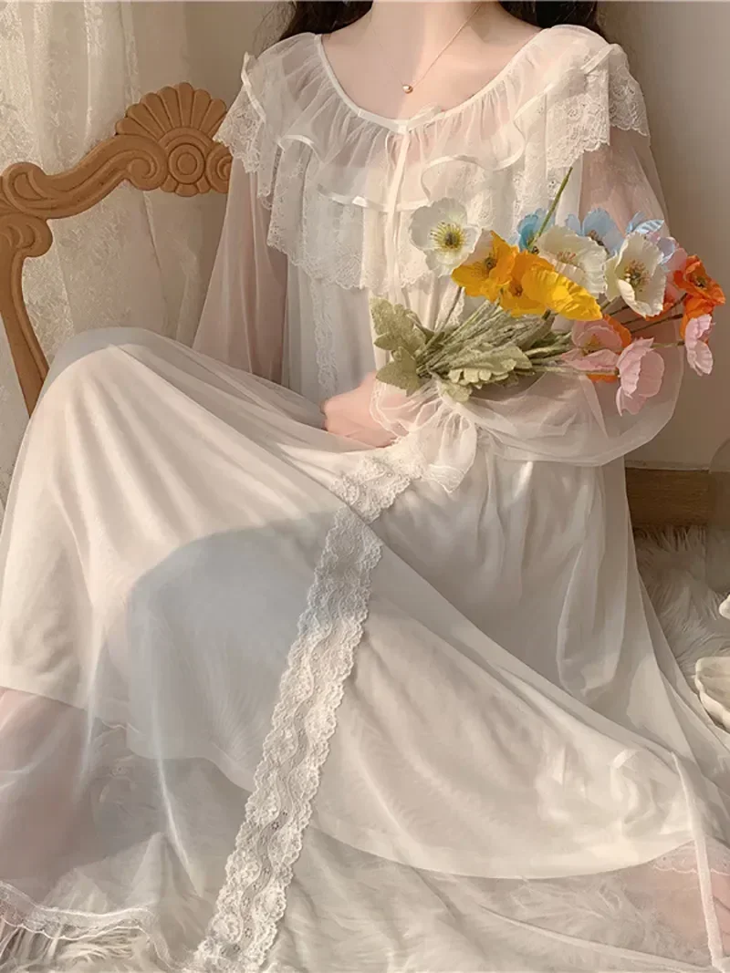 

Victorian Nightdress Night Nightgowns Vintage Princess Sleepwear Dress Lolita Ruffles White Fairy Loungewear Mesh Women Lace