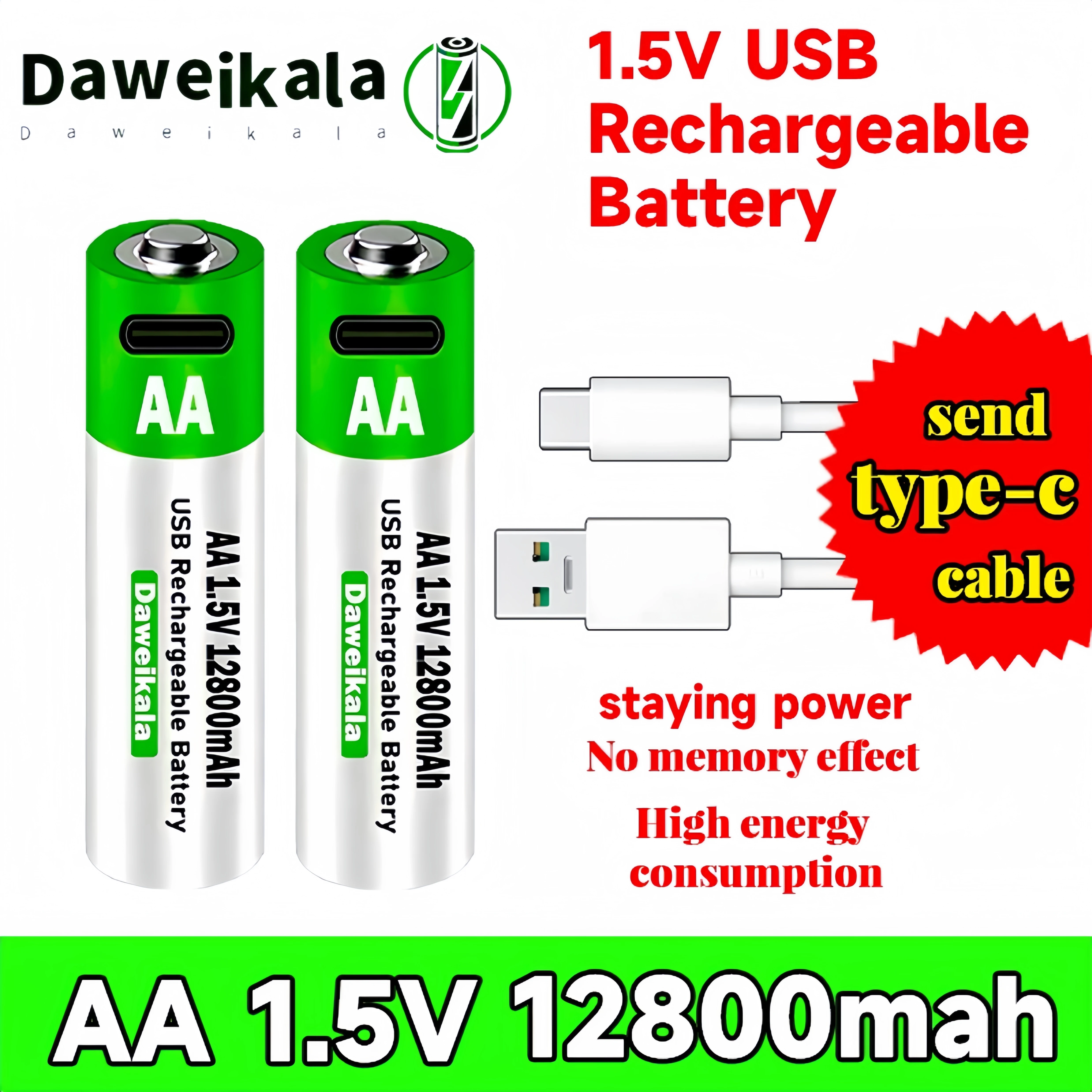 2024 New AA 1.5V Li-ion Battery 12800mAh USB Rechargeable Battery for Remote Control Mouse Electric Toy Battery + Type-C Cable
2024 New AA 1.5V Li-ion Battery 12800mAh USB Rechargeable Battery for Remote Control Mouse Electric Toy Battery + Type-C Cable