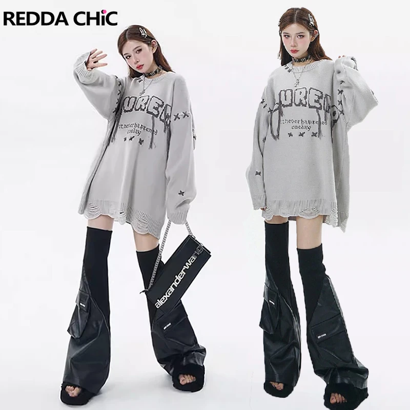 

REDDACHiC Rib Knit Spliced Leather Leg Warmers Women Vintage Black Cargo Pockets Thigh-high Long Socks Grunge Y2k Boots Covers