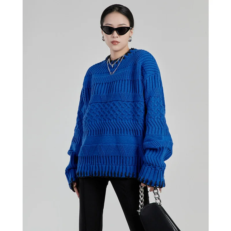 

Blue Viscose Sweaters Women Pullover Winter Lazy Style Loose knitwear Thickened Round Neck Soft Waxy Autumn Large Size Jumpers