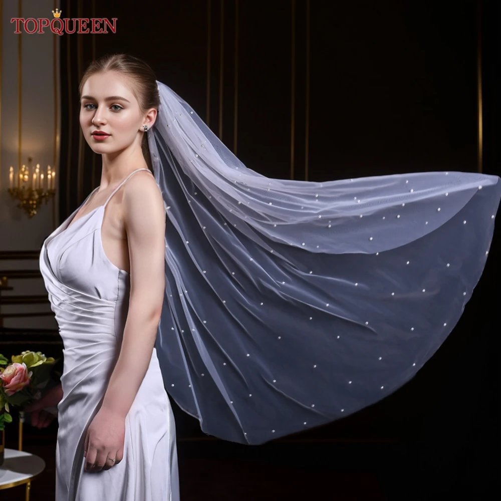 

TOPQUEEN V05 Pearls Bridal Veil Soft 1 Tier Beaded Wedding Veil for Bride Cathedral Length with Comb Wedding Accessories