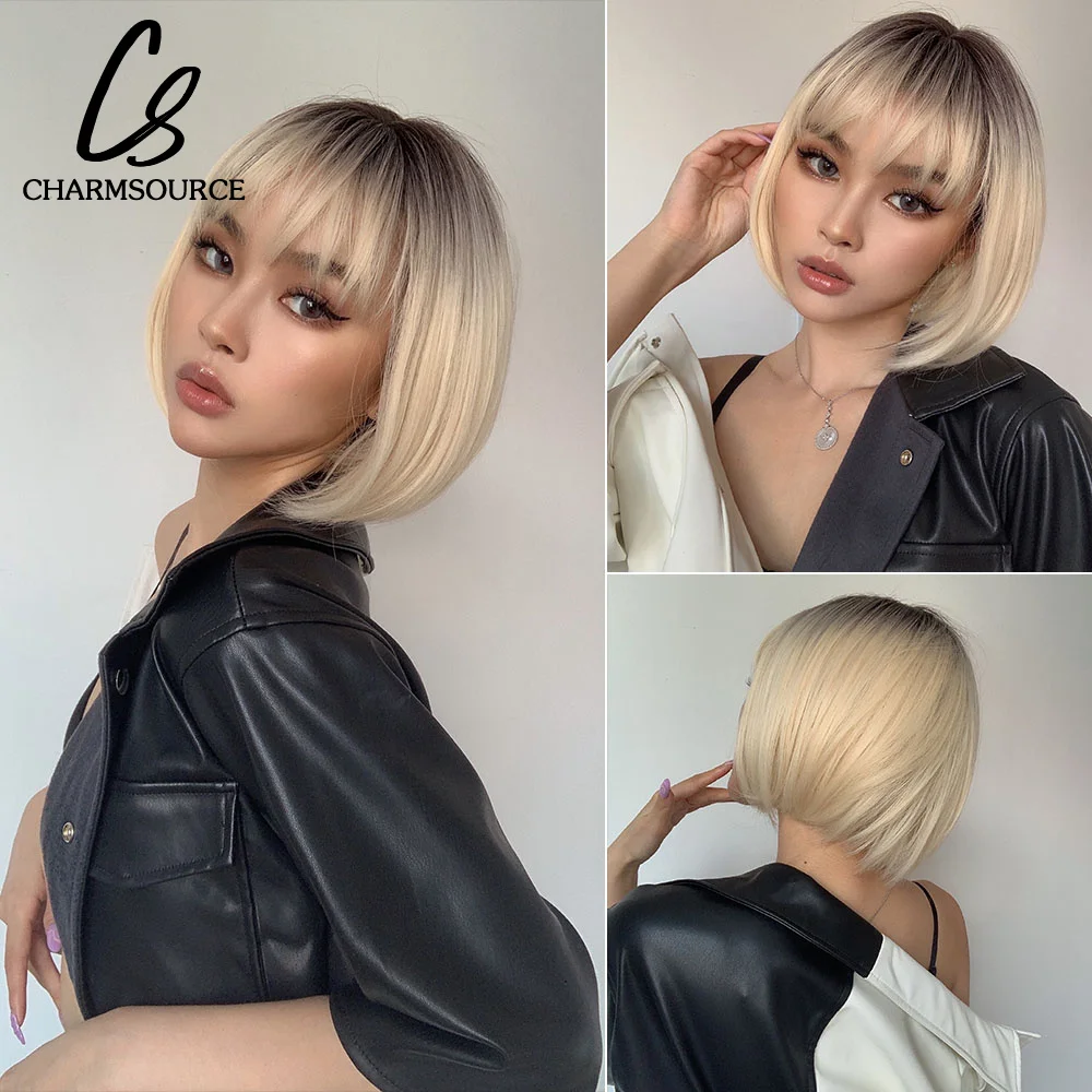 

Bob Synthetic Wigs Ombre Brown to Blonde Straight Short Hair with Bangs for Women Daily Party Cosplay Use Heat Resistant Fibre