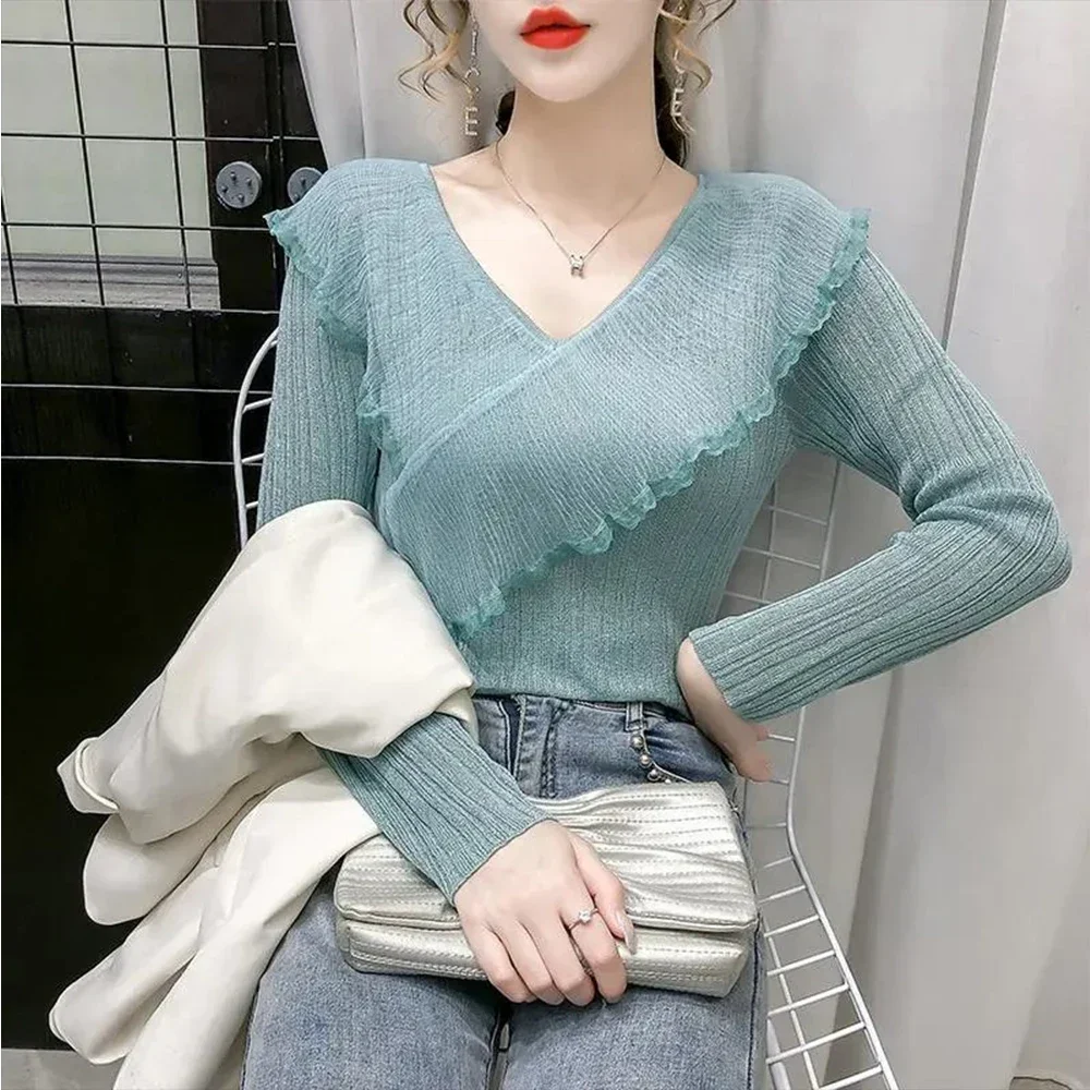 

Fashionable Spliced Slim Fit Top V-Neck Knitted Sweater Pink Solid Long Sleeve Tees Product Ruffle Edge Shirt Tops A RAN A YUE