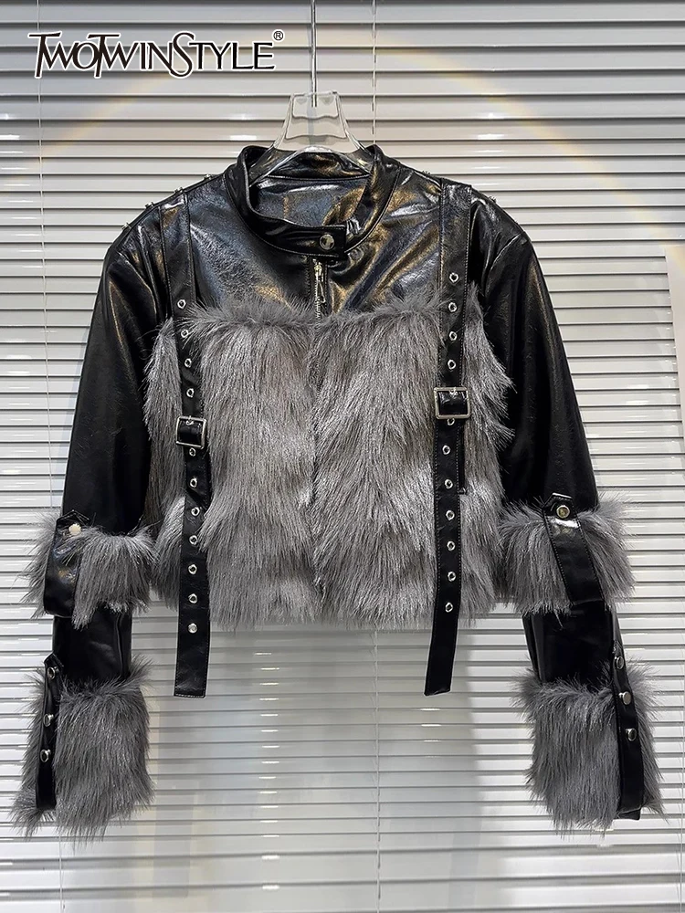 TWOTWINSTYLE Leather Spliced Fur Jackets For Women Stand Collar Long Sleeve Patchwork Belts Vintage Jacket Female Fashion Style
TWOTWINSTYLE Leather Spliced Fur Jackets For Women Stand Collar Long Sleeve Patchwork Belts Vintage Jacket Female Fashion Style
