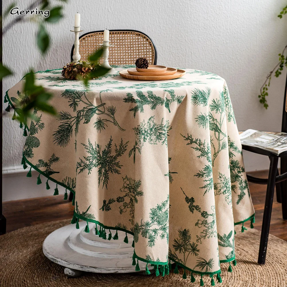 

Gerring Cotton Linen Tablecloths Green Printed Table Cloth Korean Napkin Coffee Round Table Cover Wedding Table Decoration