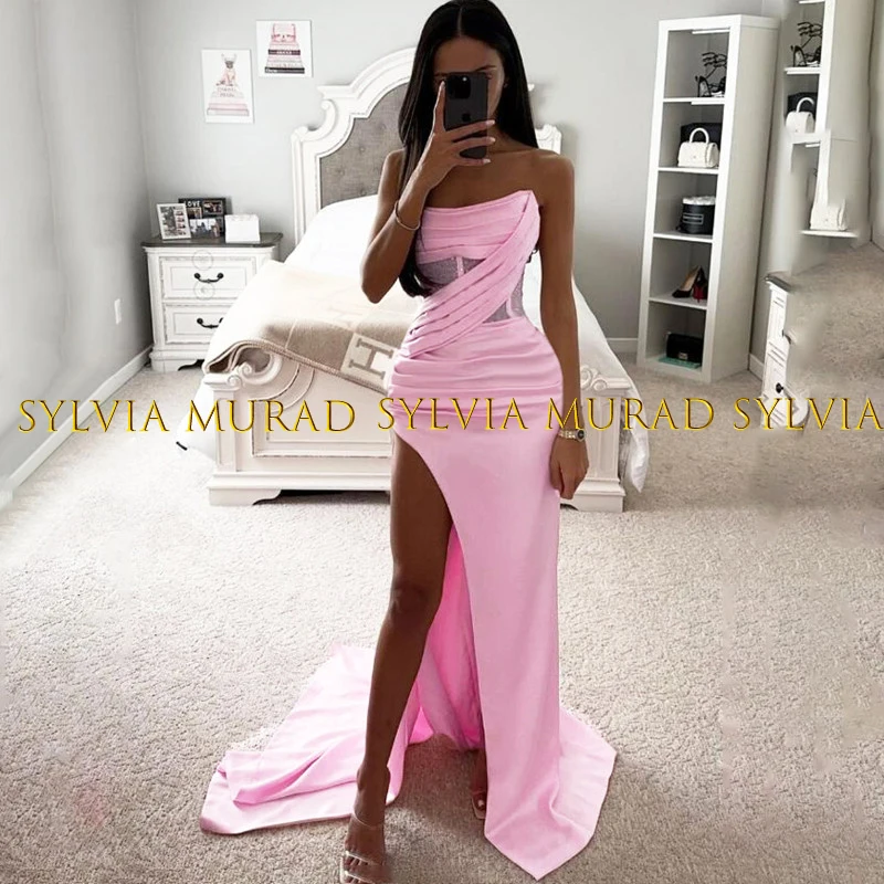 Sexy High Split Evening Dress Pleat Mermaid Transparent Waist Strapless Long Pink Trumpet Wedding Party Dress For Women
Sexy High Split Evening Dress Pleat Mermaid Transparent Waist Strapless Long Pink Trumpet Wedding Party Dress For Women