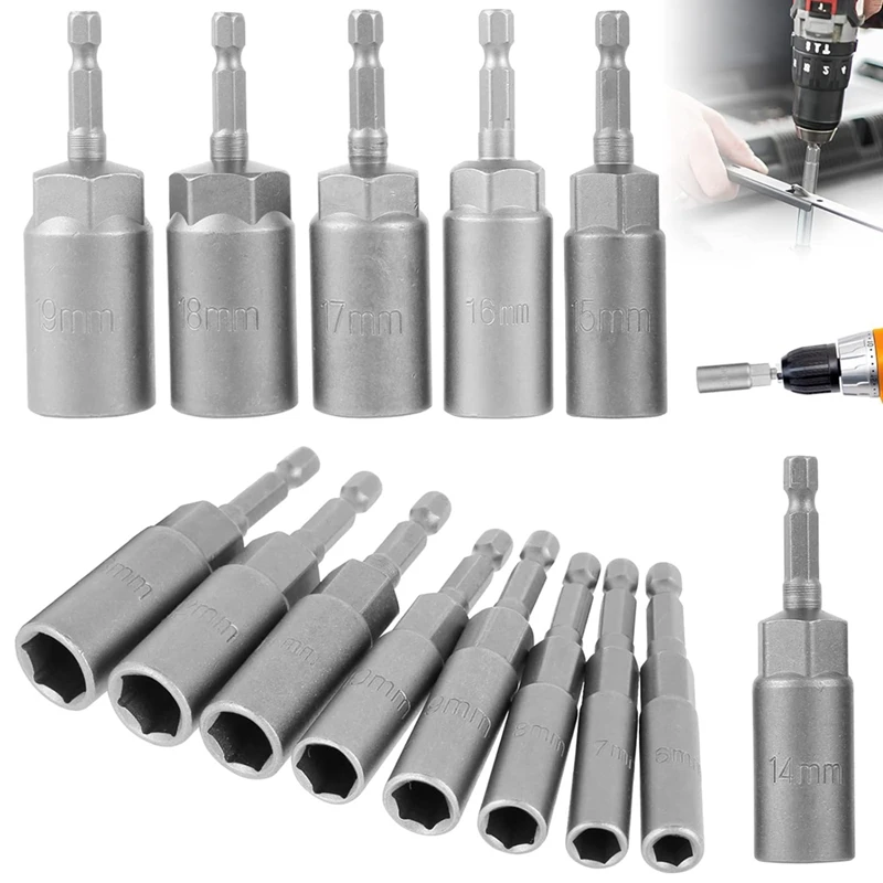 

14 PCS Hexagonal Sockets Set As Shown Metal 6-19Mm Deep Socket Adapter Kit Hex Shank Nut Driver Bits Set Quick Change Nut Setter