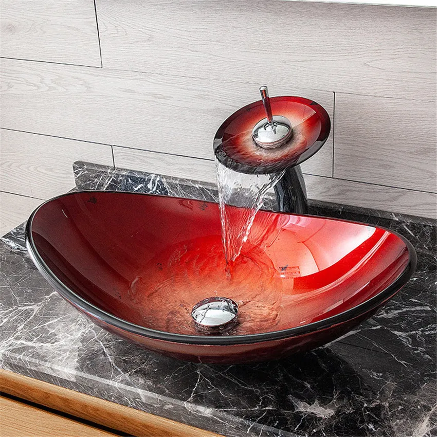

Oval Red Bathroom Basin Glass Sinks Countertop Vessel Washbasin Tempered Glass Sink Antique Brass Retro Waterfall Faucet Set
