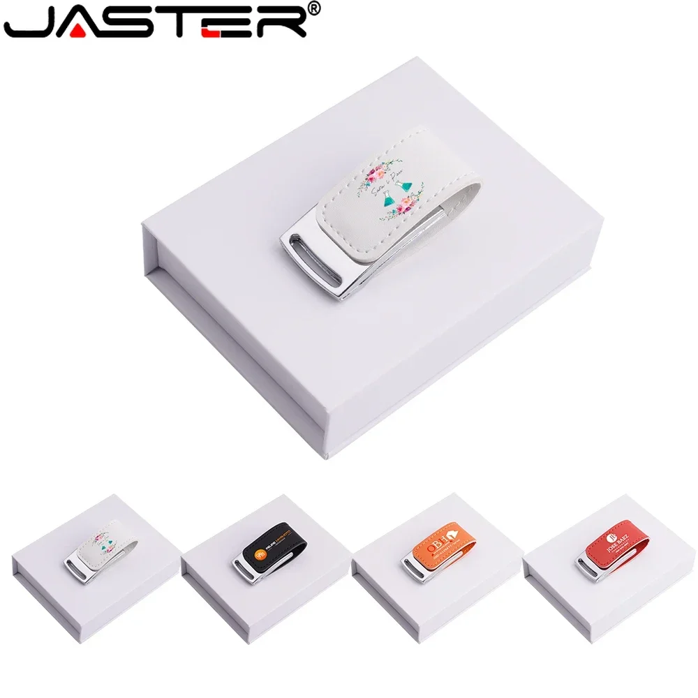 

JASTER Creative Leather Pen Drive 128GB with Paper Box USB 2.0 Flash Drives 64GB Free Custom Logo Gift Memory Stick 32GB