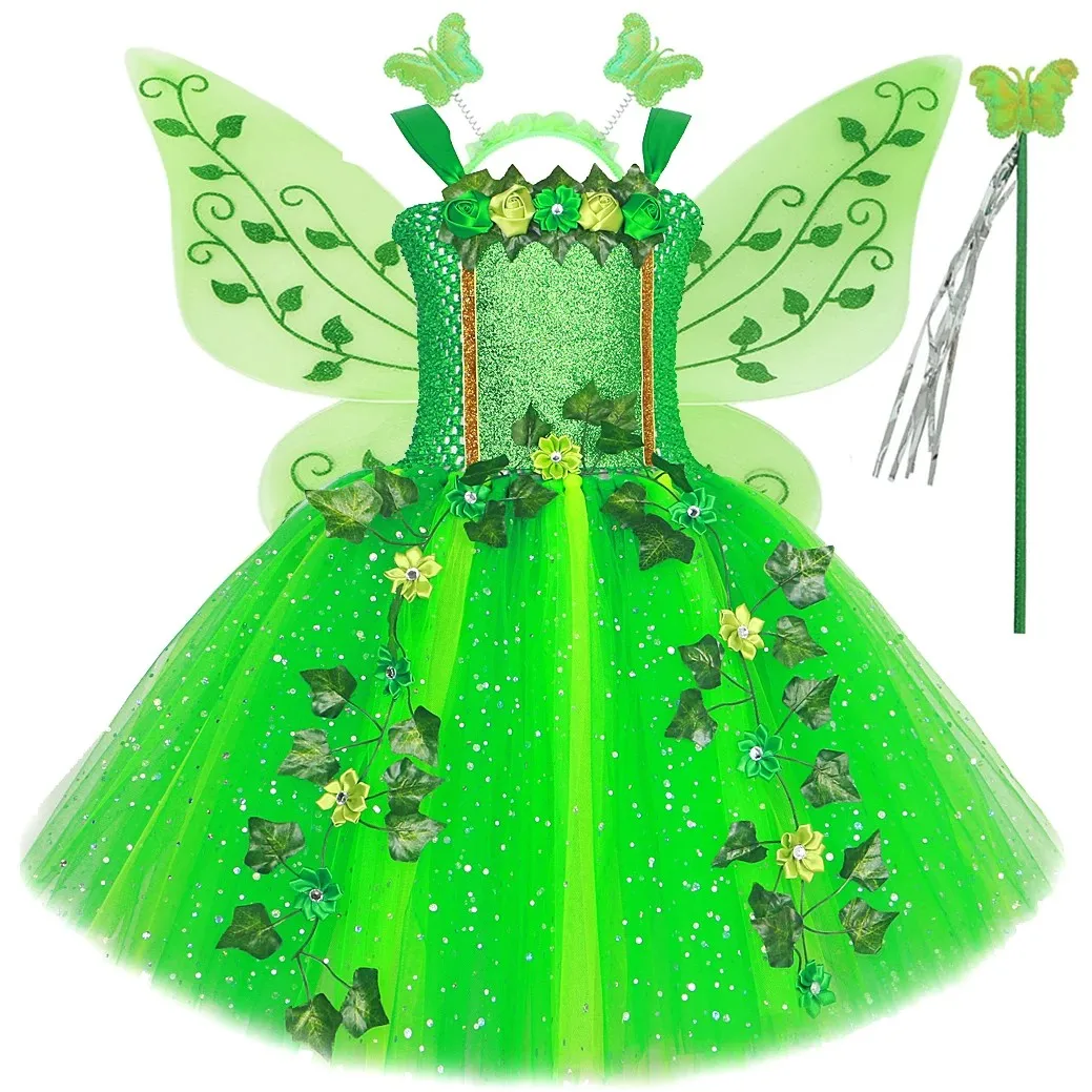 

Twinkling Green Woodland Fairy Dresses for Girls Jungle Forest Fairies Costumes Wood Elf Princess Ballet Tutus Outfit with Wings