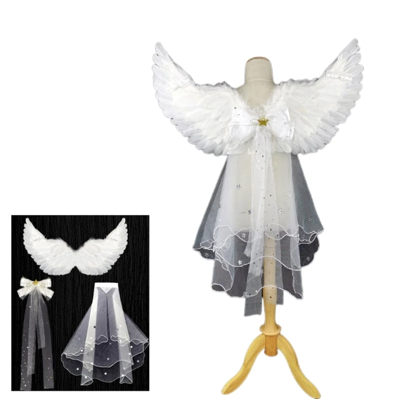 

Halloween-Cosplay Wings Fairy Angel Wings with Bowknot Tulle Trailing Veil Princess Wings Girl Kindergarten Cosplay-Prop T8DE