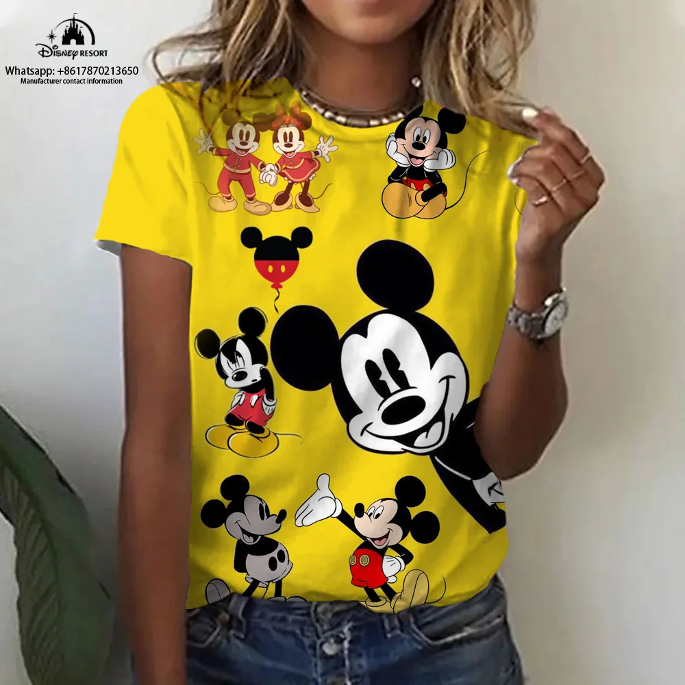 

2023 summer new Disney Mickey Minnie cartoon lady T-shirt round neck pullover short-sleeved casual street loose T-shirt top