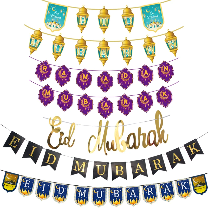 

2024 EID MUBARAK Banner Decoration Glitter Star Moon Bunting Garland Hanging Islamic Muslim Party Ramadan Kareem Decor for Home