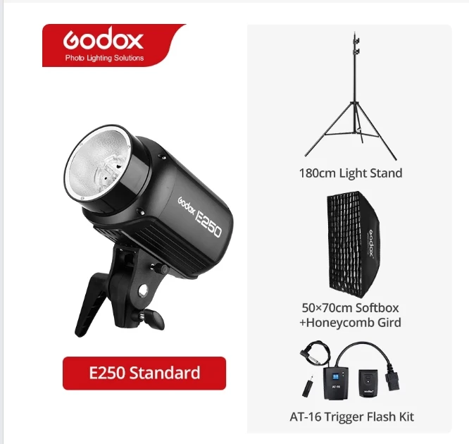 

Godox E250 250Ws Photography Studio Flash Strobe Light + 50 x 70cm Gird Softbox + 180cm Light Stand + AT-16 Trigger Flash Kit