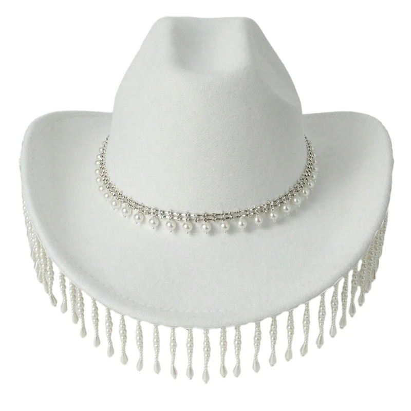 

MXMB Heavy Pearls Cowboy Hat Tassels Knight Hat for Disco House Cocktail Parties Vacation Tassels for Comedian Actor