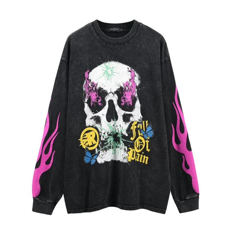 

Purple Flame Skulls Print T Shirts For Men Y2k Goth Tops Oversized Streetwear Women's T-shirt Distressed Black Long Sleeve Tees