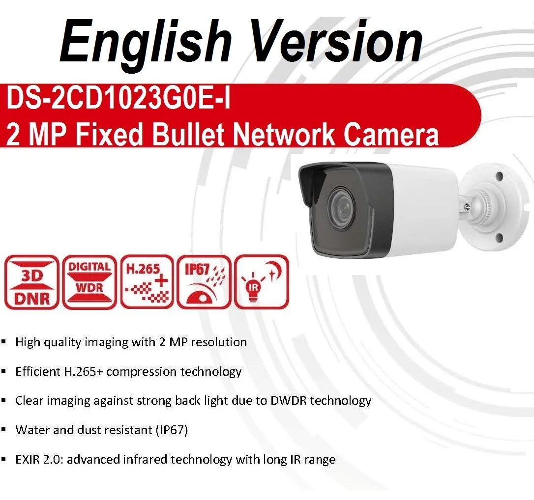 

DS-2CD1023G0E-I Overseas English Version 2 MP Fixed Bullet Network Camera IR Indoor Outdoor Camera Hik-Connect ONVIF Upgradeable
