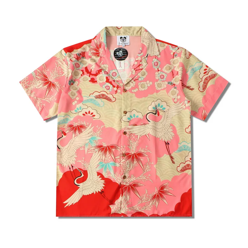 

Summer Couple Clothing Vintage Casual Oversized Man Hawaiian Beach Shirt New Trendyol Mens Crane Print Short Sleeve Pink Shirts