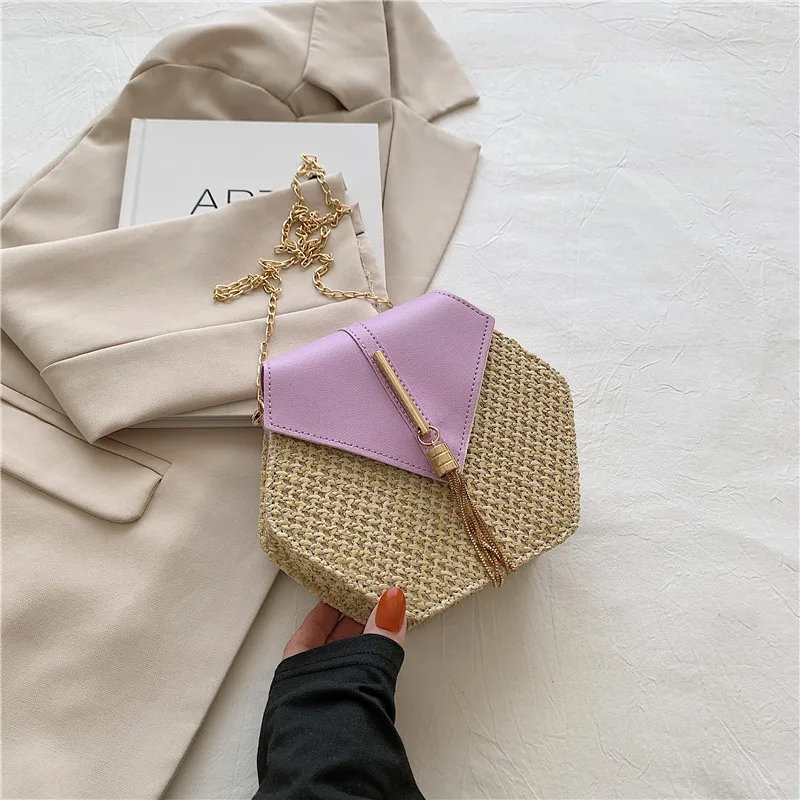 Hexagon Straw & Leather Handbag - Bohemian Woven Beach Shoulder Bag 28 S809c92bffe274f778a0062f372e78851a