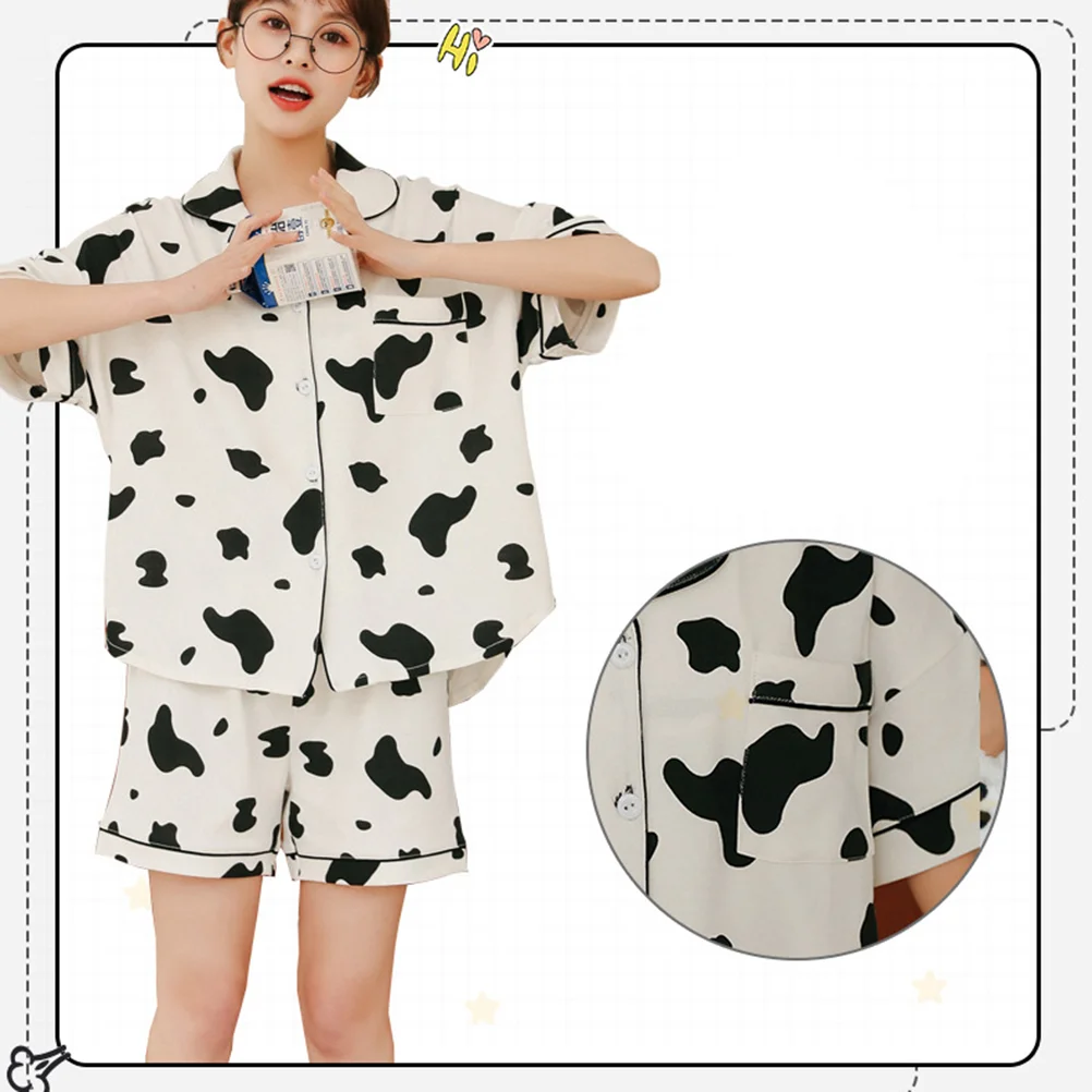 

Womens Cotton Nightgown Womens Pajama Set Two Piece Cow Print Short Sleeve Sleepwear Loungewear Button Down Tops Shorts Summer