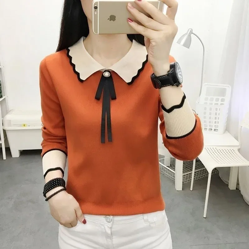 

Fashion Peter Pan Collar Spliced Beading Bow Sweaters Women's Clothing Autumn Winter Loose Casual Pullovers Commuter Tops E115
