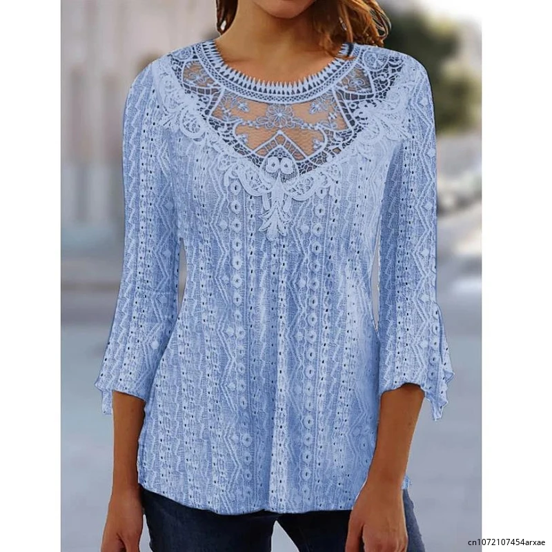 

Summer Elegant Perspective Lace Splice Shirt 2023 Vintage Crochet Blouse Office Women Hollow Out 3/4 Sleeve New Casual Top
