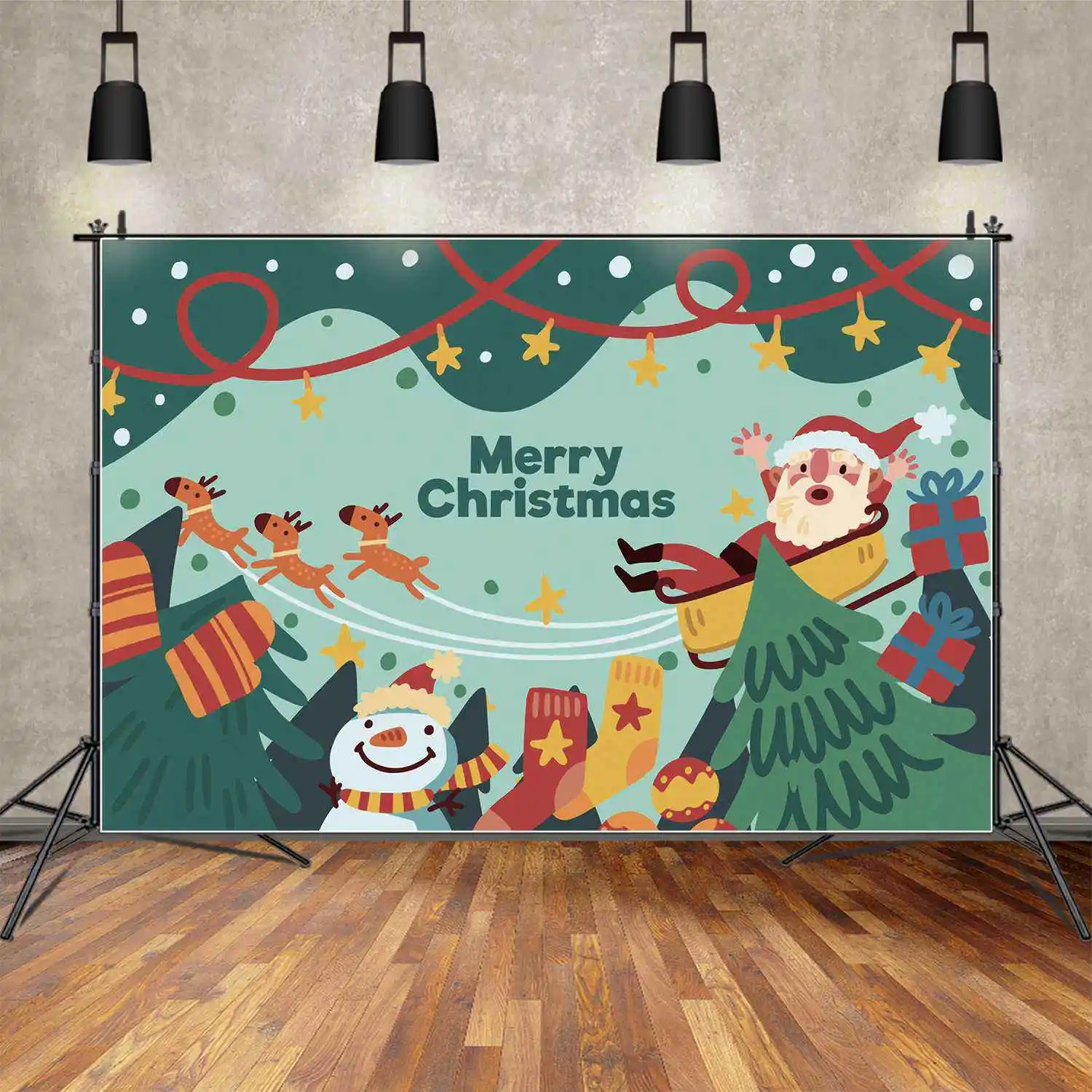 

MOON.QG Backdrop Merry Christmas Banner Santa Claus Reindeer Baby Party Photo Booth Background Green Mountain Pine Snowman Decor