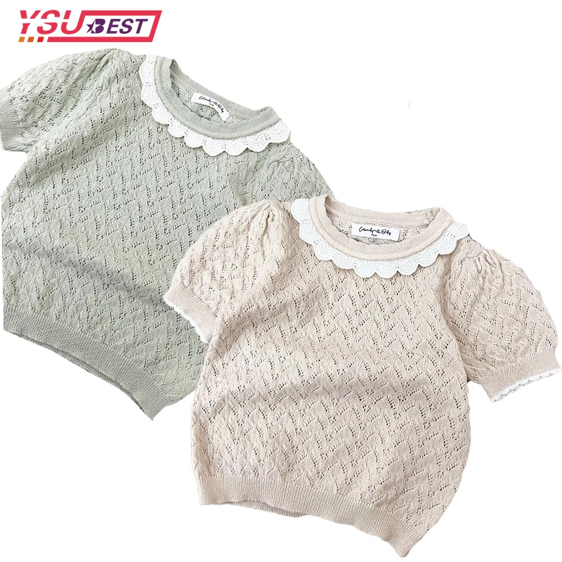 

Summer Baby Girls Thin Knitted Sweaters Solid Color Short Sleeve Korean Style Toddlers Children Pullovers Tops Ruffle Sweaters