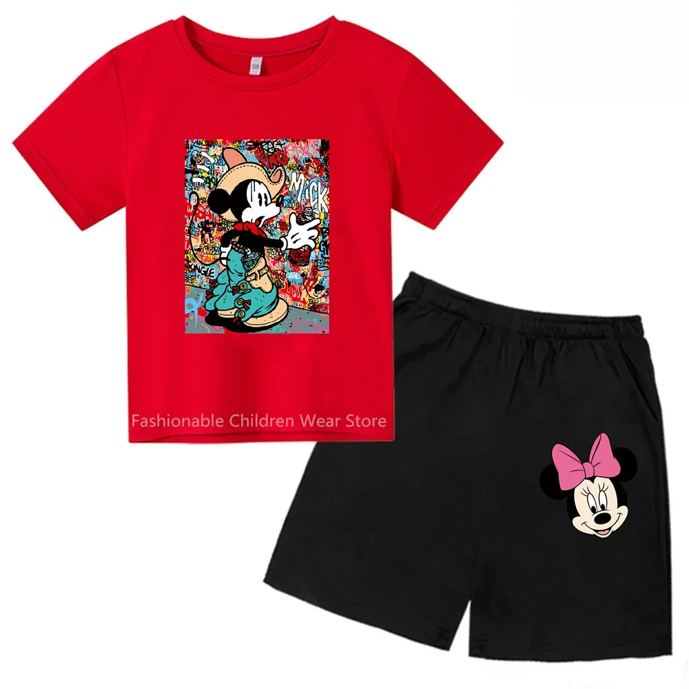 

Футболка и шорты с коротким рукавом и мультяшным принтом Микки Мауса-милый стиль Диснея для повседневных детских дней