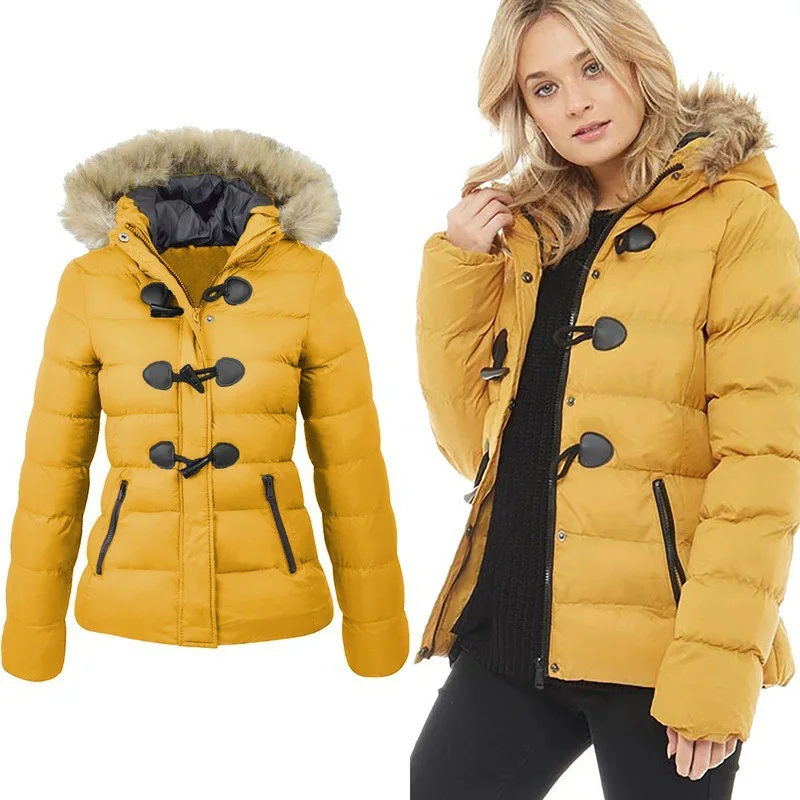 European American Autumn Winter New Cotton Clothes Women Coat Short Hooded Warm Cowhorn Button Coat Parkas
European American Autumn Winter New Cotton Clothes Women Coat Short Hooded Warm Cowhorn Button Coat Parkas