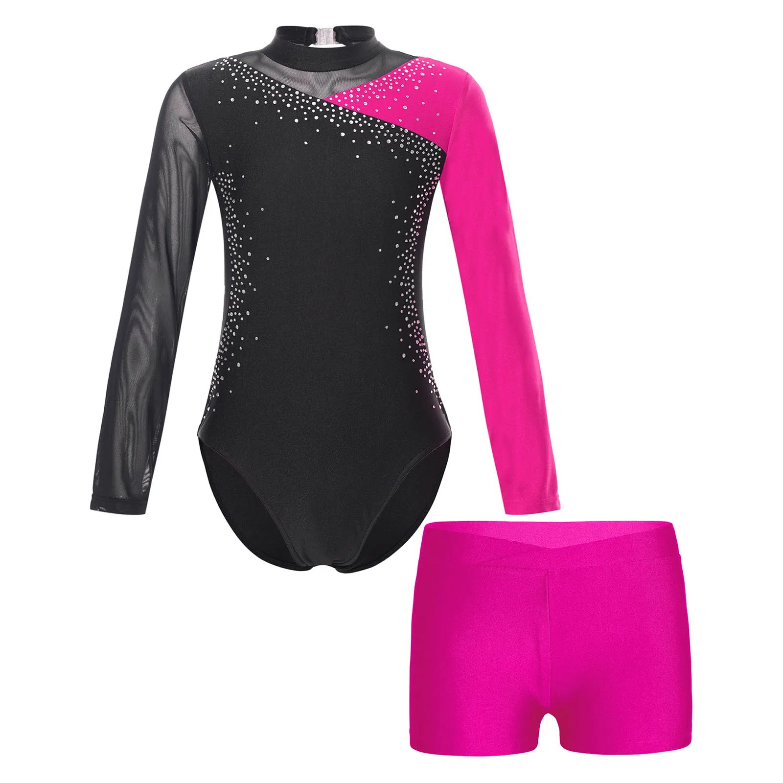 

Kids Girls Ballet Dance Gymnastics Figure Skating Costume Shiny Rhinestone Leotard Sheer Mesh Long Sleeve Bodysuit with Shorts