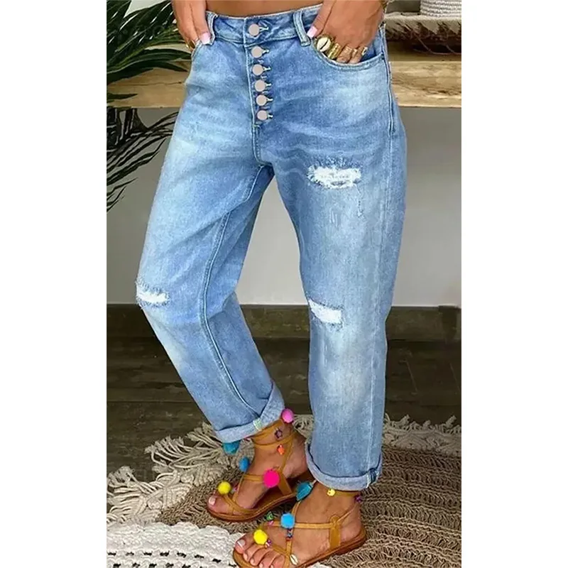 

Джинсы женские модные рваные узкие джинсы в уличном стиле Новинка весна-осень свободные Узкие прямые брюки с заниженной талией 2024