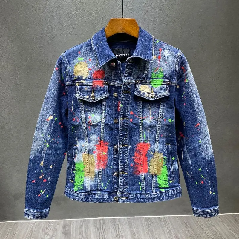 

Popular European and American denim top jacket with colorful craftsmanship, men's slim fit, flip collar, short style, washed