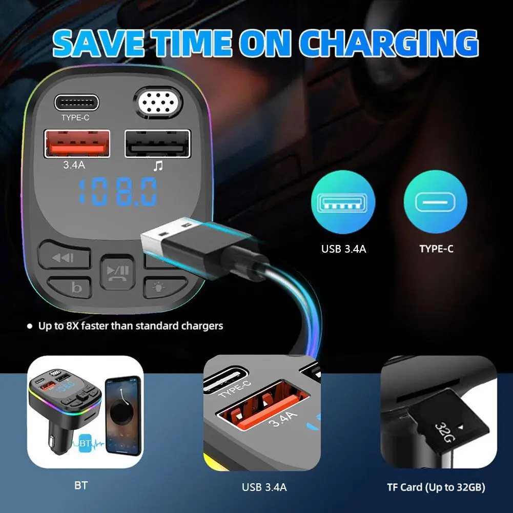

Car Bluetooth 5.0 FM Transmitter PD Type-C Dual USB Charger Fast Light Colorful Player MP3 3.1A Accessory Handsfree Modulat W7E1