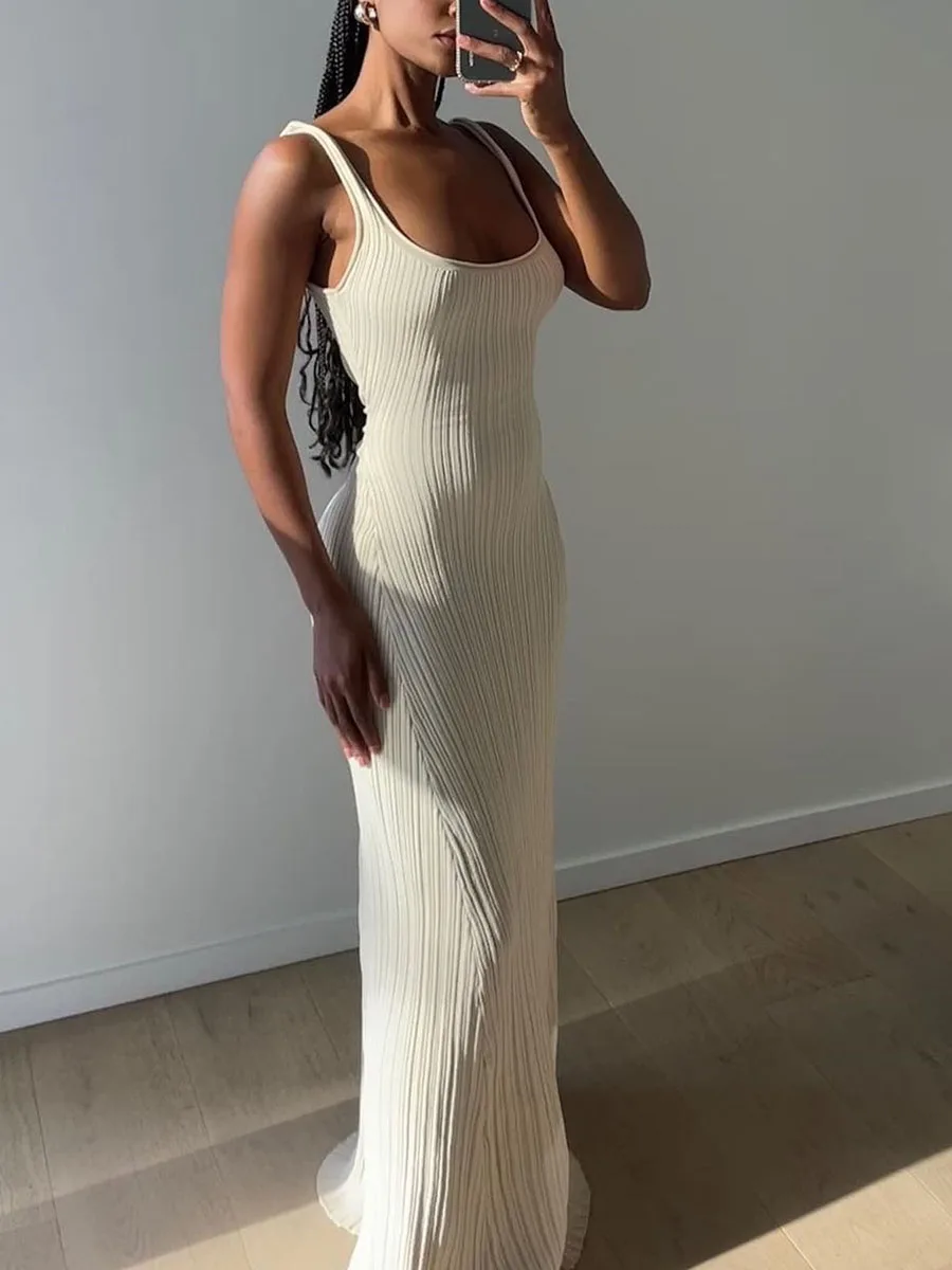 

Women Sleeveless Ribbed Knit Maxi Dress Deep U-Neck Summer Going Out Long Tank Dress for Cocktail Party