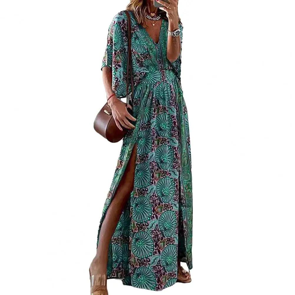 Women Maxi Dress Vintage Print Split Hem Half Sleeves V Neck Tight Waist Straight Bat Sleeve Colorfast Lady Summer Long Dress
Women Maxi Dress Vintage Print Split Hem Half Sleeves V Neck Tight Waist Straight Bat Sleeve Colorfast Lady Summer Long Dress